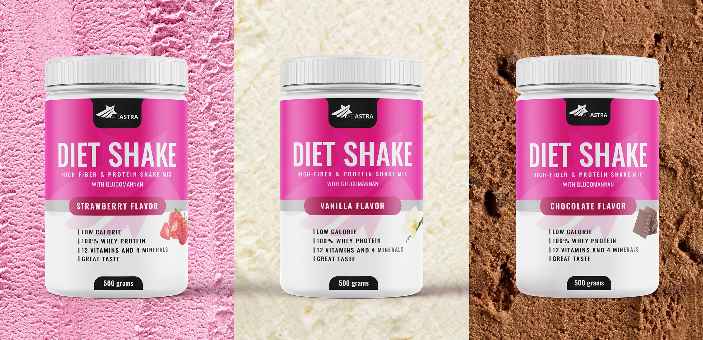 Packaging Label for Diet Shake with three different flavors, strawberry, vanilla and chocolate in that order with neapolitan three-flavor ice cream in the background