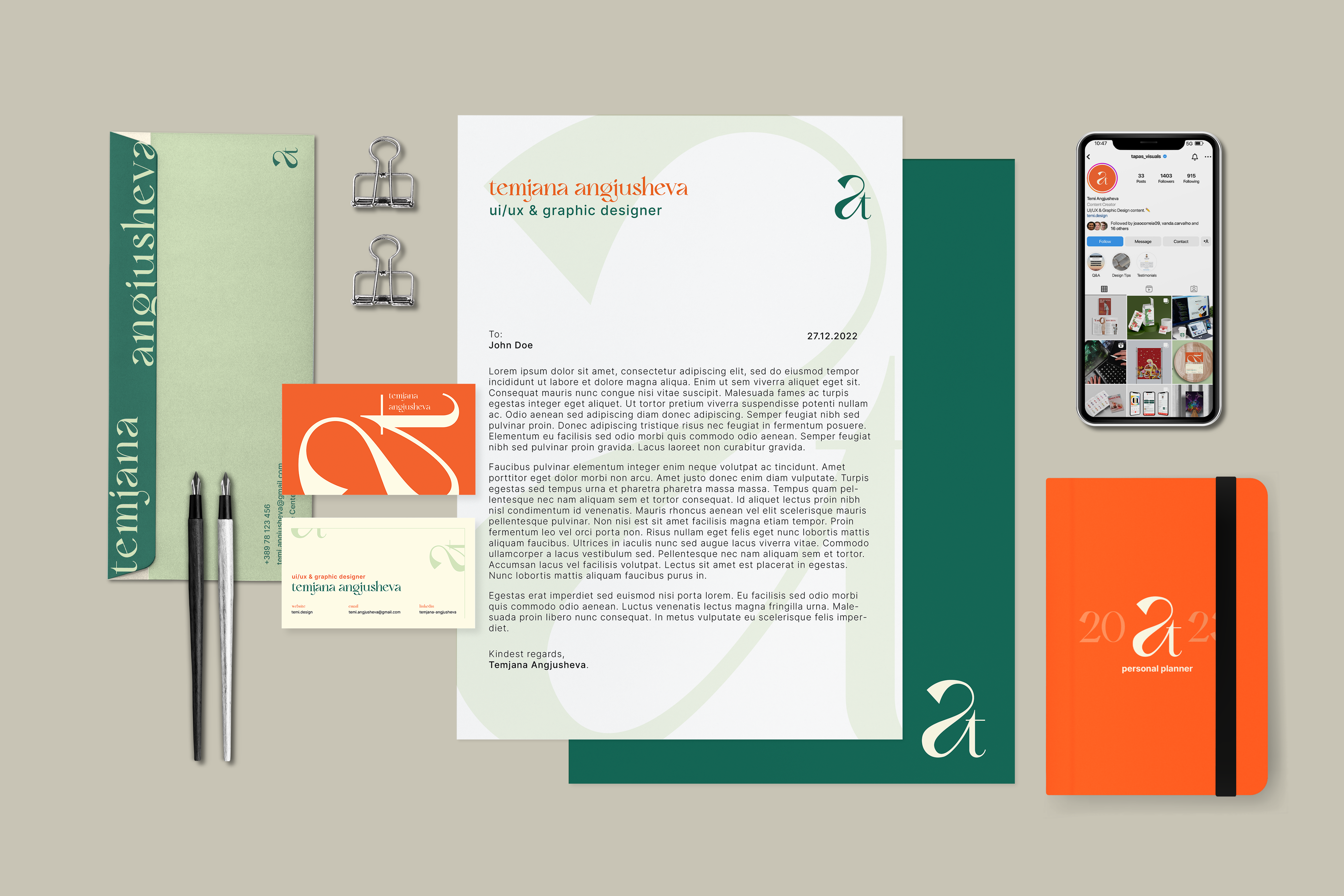 Stationery mockup with a business card, document, envelope and notebook