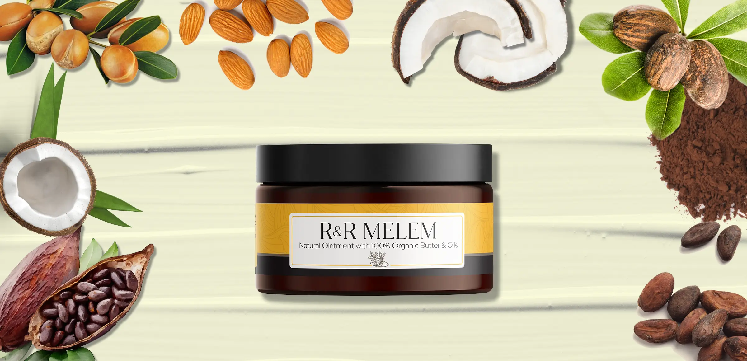 Packaging Label for R&R Melem on a mockup with all the ingredients around it