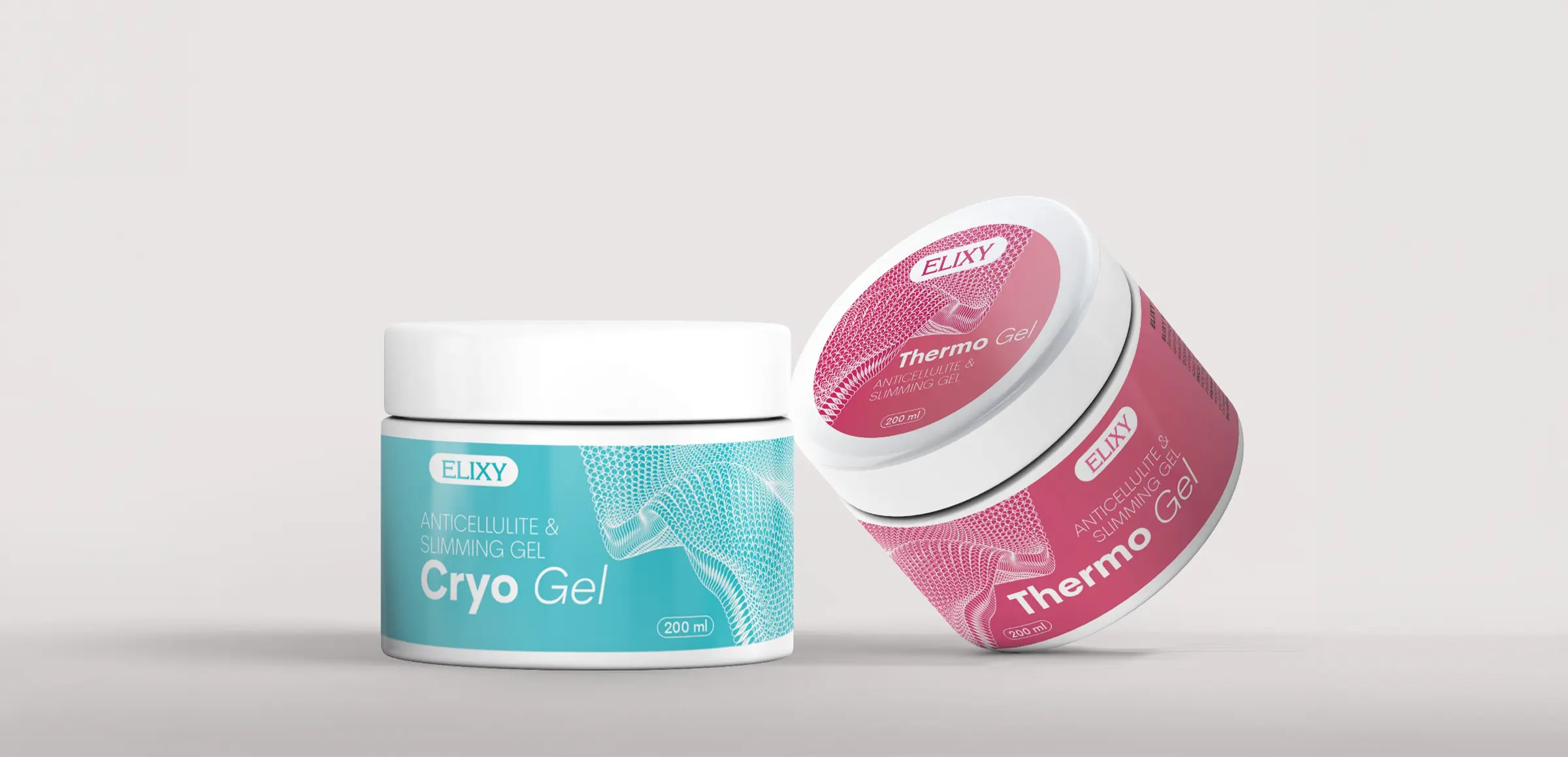 Packaging Labels for the two gels, thermo and cryo gel, on a mockup and clear background