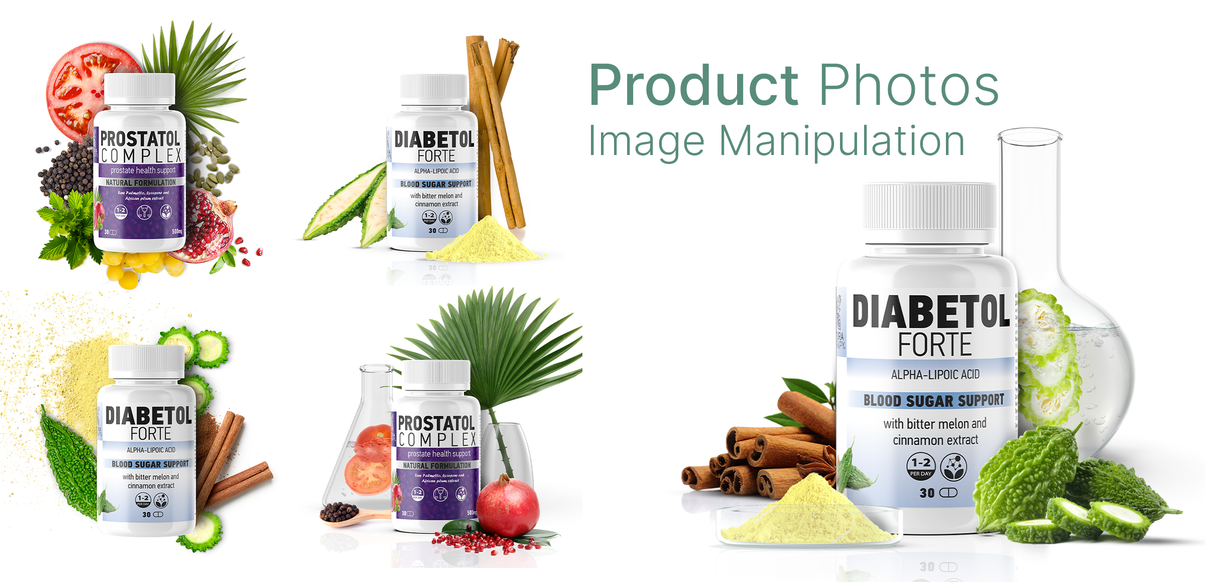 Product photos with their ingredients, made with photomanipulation